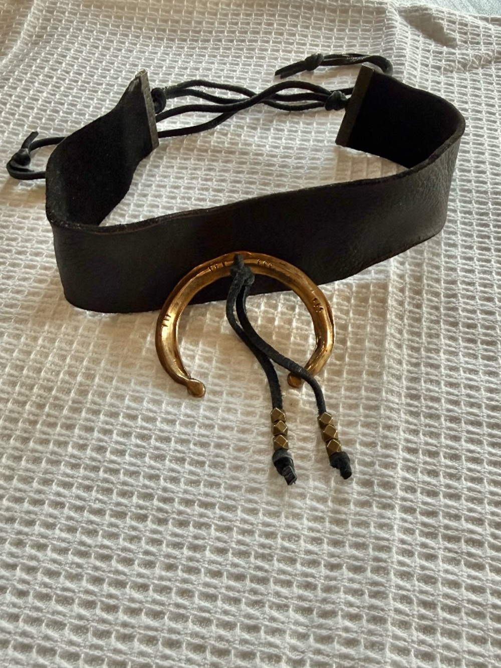 Black Leather Choker Necklace Wide Rustic Gold Horseshoe Adjustable